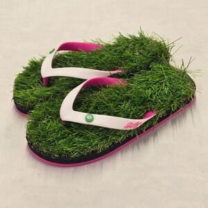 GFF Artificial Grass Flip Flops Green Pink Novelty Turf Sandals Summer Shoes 8.5
